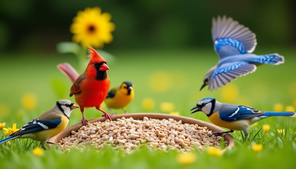 birds congregating at feeders