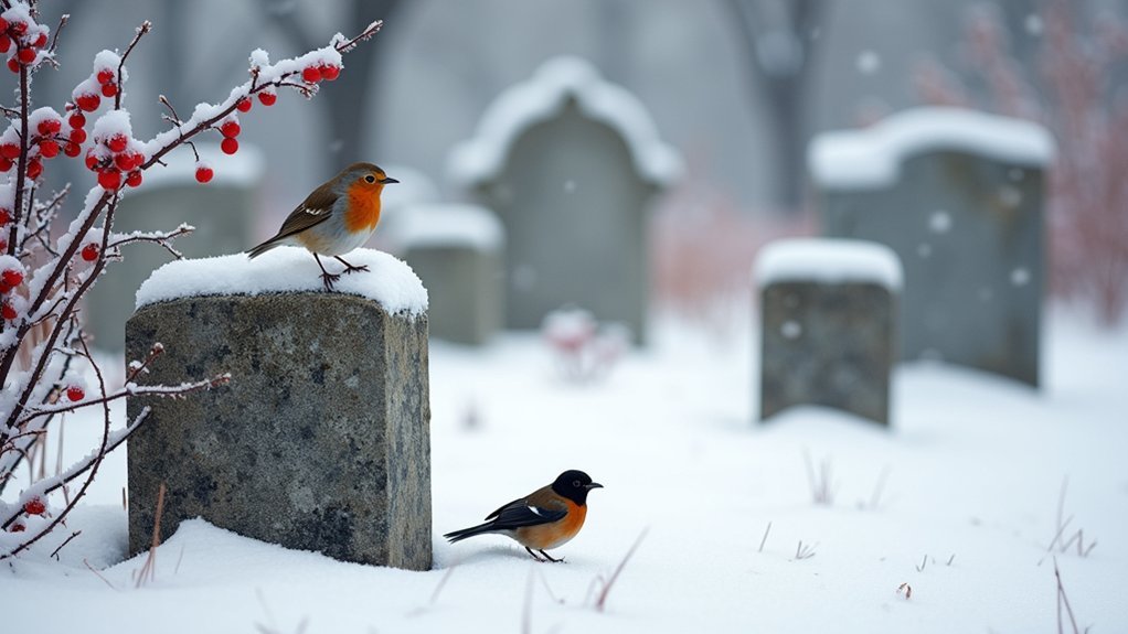 winter birds in cemeteries
